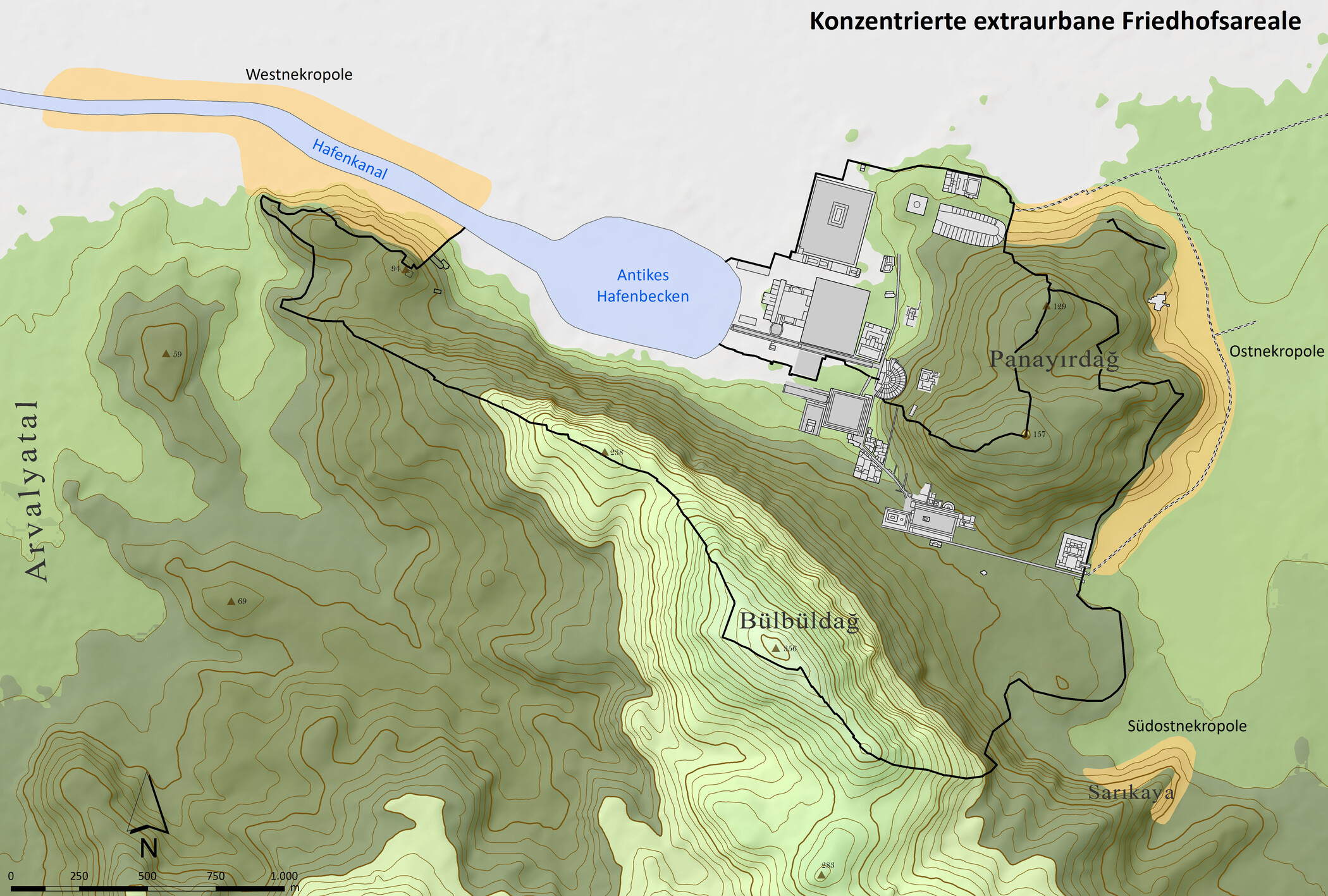 Stadtplan von Ephesos mit Lage der Nekropolen (Grafik: ÖAW-ÖAI/C. Kurtze)