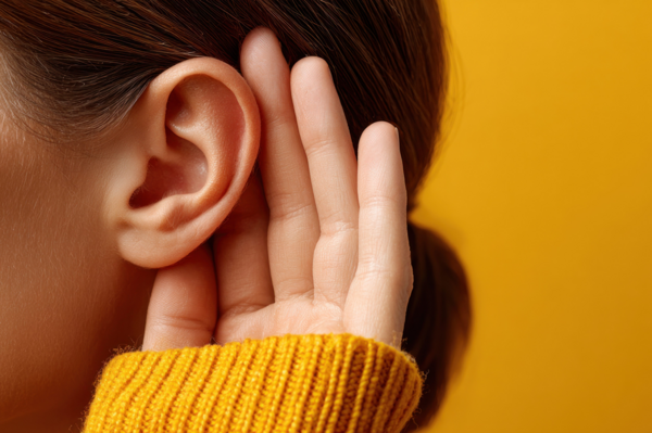 Close-up of a woman cupping her ear to listen intently against a vibrant yellow background