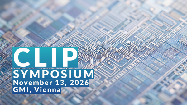 Event graphic for the CLIP Symposium on November 13, shown over a macro of a silicon wafer surface showing intricate microscopic circuit patterns and metallic interconnects in blue tones.