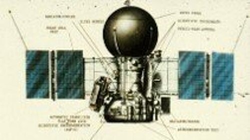 Technical illustration of a Soviet space probe featuring a large, round sphere at the tip and two solar panel wings extending out to the sides. Fine lines connect the individual components to explanatory labels on a light-colored background.
