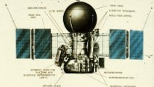 Technical illustration of a Soviet space probe featuring a large, round sphere at the tip and two solar panel wings extending out to the sides. Fine lines connect the individual components to explanatory labels on a light-colored background.