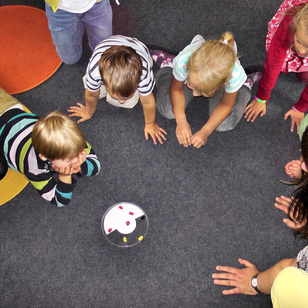 Kindergartenkinder sitzen am Boden im Kreis und schauen auf einem Kreisel
