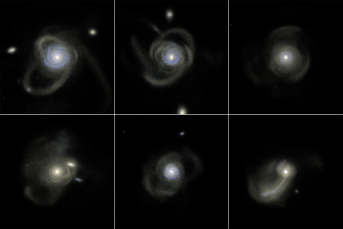 A three-by-two grid of images showing galaxies and their haloes on a black background. Each image has a central spiral galaxy seen face-on, glowing brightly in blue and/or yellow tones. These are surrounded by hazy white-yellow glowing arcs, swirling outward, as well as some small satellite galaxies looking like bright blobs. No two galaxies look the same.