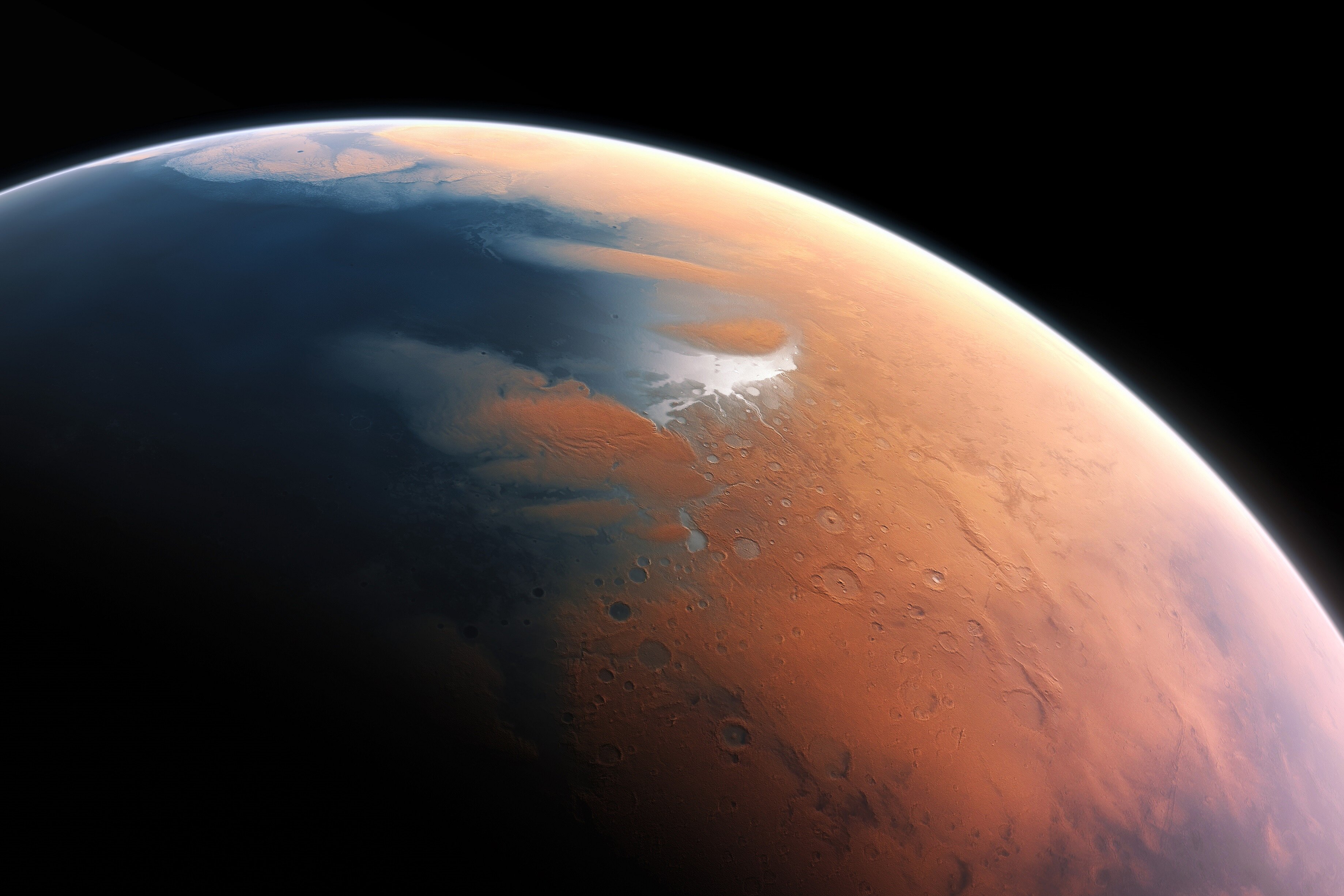 An artist's rendering of the planet Mars four billion years ago, with its surface partially covered by a vast blue ocean and clouds.