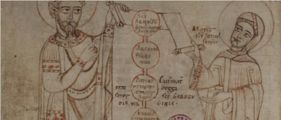 Frutolf of Michaelsberg's Chronicon, Carolingian Genealogy, Ms. Bos. q. 19 at the ThULB in Jena, 152v