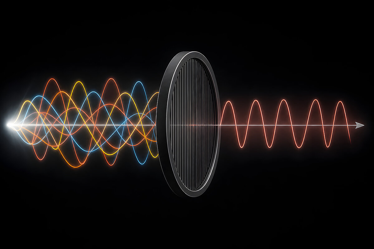 Schematische Darstellung der Ausbreitung und Veränderung von Lichtwellen an einem optischen Element. Mehrfarbige Wellen treffen von links auf eine kreisförmige Linse und treten auf der rechten Seite als gleichmäßige rote Welle aus.