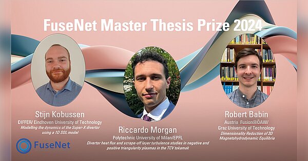 Titel "Fusenet Master Thesis Prize 2024" mit Porträts der drei Gewinner Stijn Kobussen, Riccardo Morgan und Robert Babin, jeweils mit Name, Universität und Masterarbeitsthema