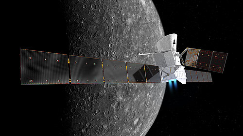The BepiColombo mission consists of three individual satellites: At the bottom is the transfer module with the ion engine for the interplanetary journey; in the middle is the European Planetary Orbiter with an outstretched arm on which the two magnetometers from Braunschweig are mounted. At the top of the image: the Japanese Magnetospheric Orbiter, obscured by a ring-shaped sunshield for the interplanetary journey. 