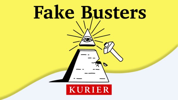 Logo des Kuriers-Podcasts Fake Busters: Über dem Schriftzug ‚KURIER‘ ist eine stilisierte Figur vor einem gelben Hintergrund abgebildet. Darüber steht ‚Fake Busters‘ in schwarzer Schrift.