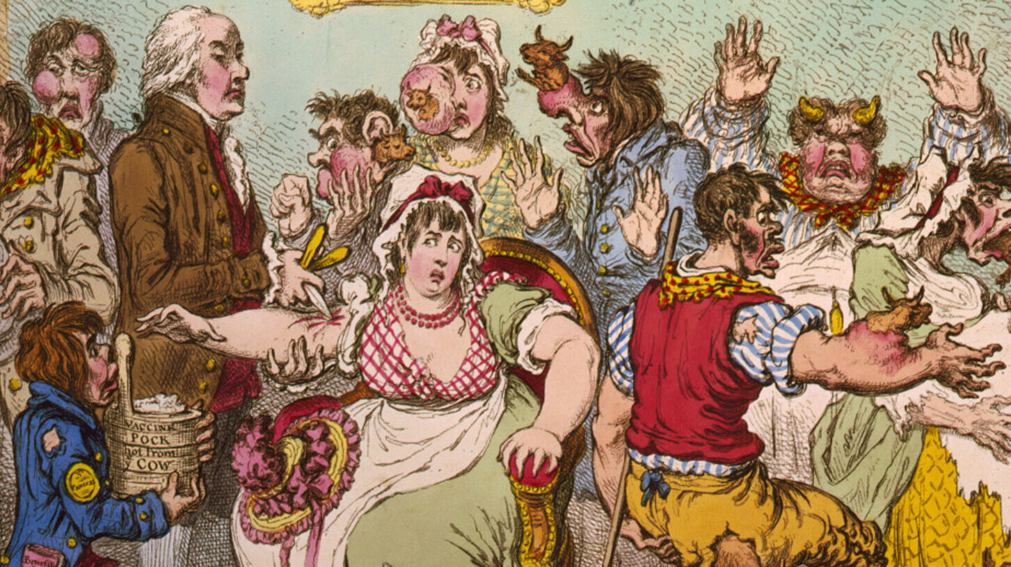 Historische Karikatur zu Impfgegnern, die befürchteten, durch die Pockenimpfung zu Kühen zu werden (James Gillray, 1802). © Wikimedia Historische Karikatur zu Impfgegnern, die befürchteten, durch die Pockenimpfung zu Kühen zu werden (James Gillray, 1802). © Wikimedia