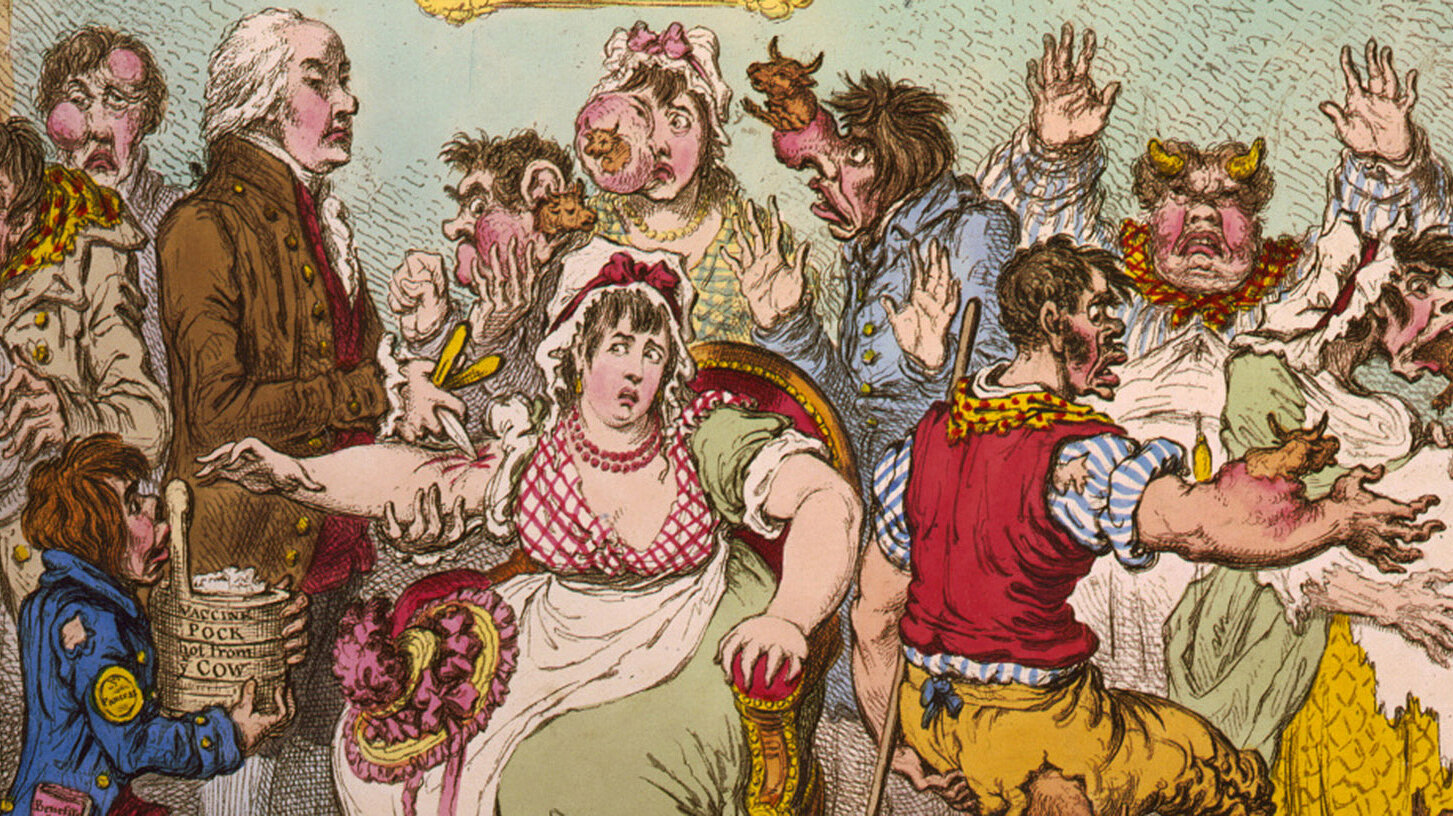 Historische Karikatur zu Impfgegnern, die befürchteten, durch die Pockenimpfung zu Kühen zu werden (James Gillray, 1802). © Wikimedia Historische Karikatur zu Impfgegnern, die befürchteten, durch die Pockenimpfung zu Kühen zu werden (James Gillray, 1802). © Wikimedia