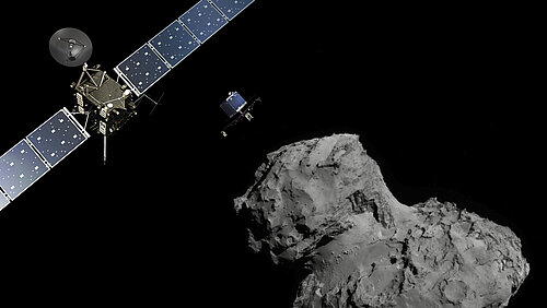 A space probe with two very long solar panel wings hovers in the blackness of space. To its right, a small, cube-shaped lander is descending toward an irregularly shaped, gray, rocky comet.