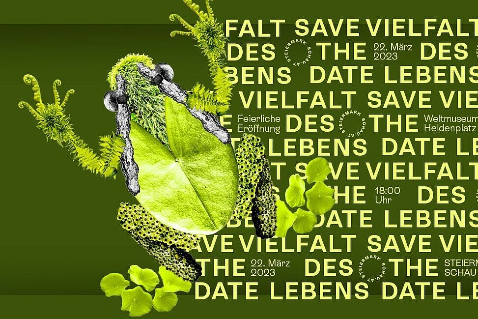 Grünes Veranstaltungsbanner mit der Grafik eines Frosches aus Blättern und Blütenteilen.