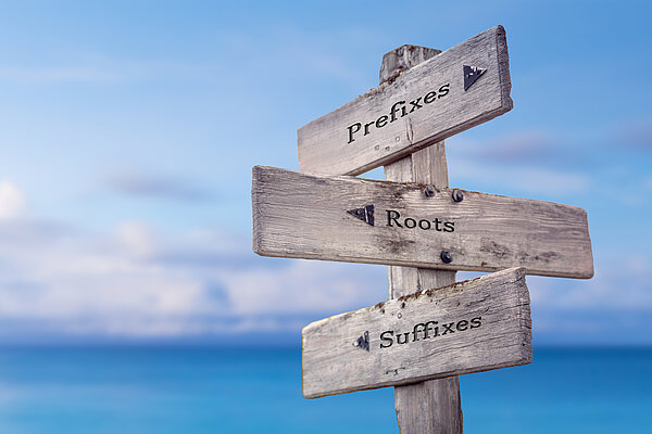 Ein hölzerner Wegweiser auf dem in drei verschiedene Richtungen zeigende Pfeile abgebildet sind. Die Pfeile sind jeweils beschriftet mit "Prefixes", "Roots" und "Suffixes".