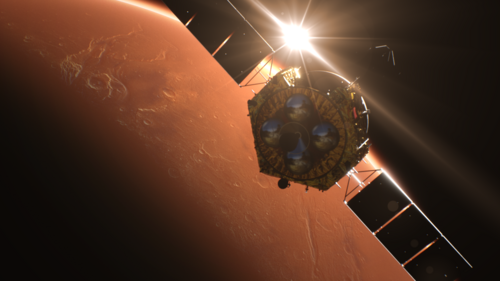An artist's rendering of the Tianwen-1 orbiter in Mars orbit with its solar panels deployed, illuminated by a bright sun in the background, while the reddish cratered surface of Mars is visible on the left.