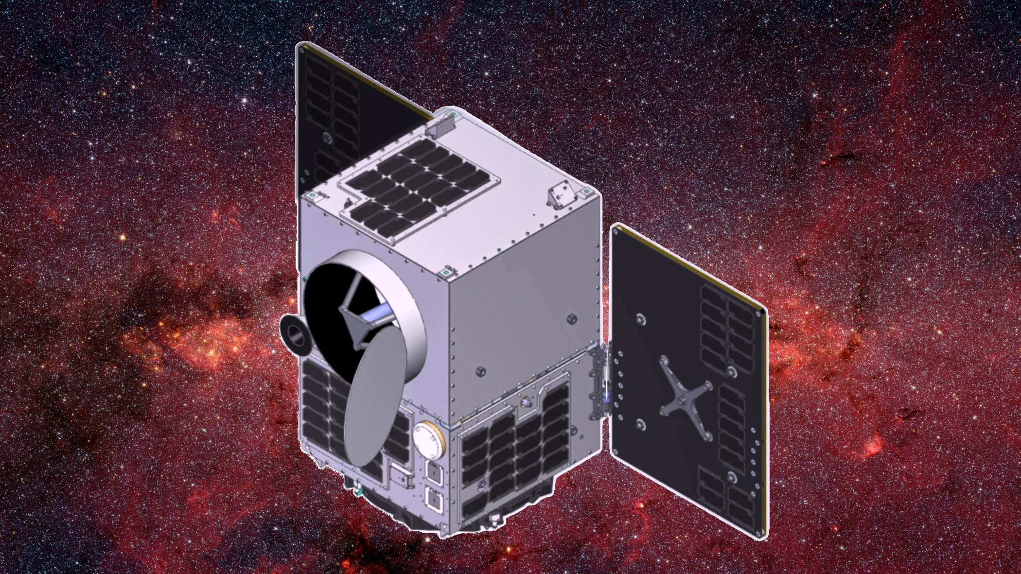 Schematic illustration of the PUFFINS telescope in front of an infrared image of the Milky Way