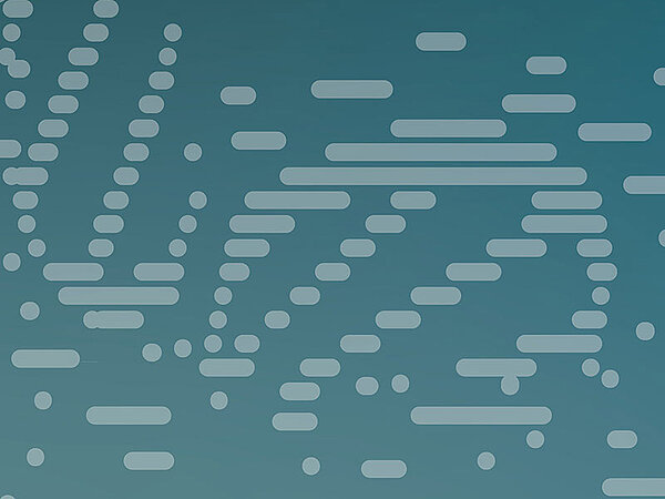 Grafik in Türkis mit hellgrauen, stilisierten DNA- und Datensträngen.