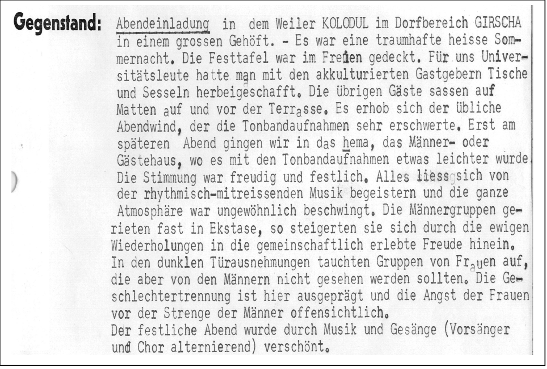 Zu sehen ist ein mit händischer Schreibmaschine geschriebener Text.