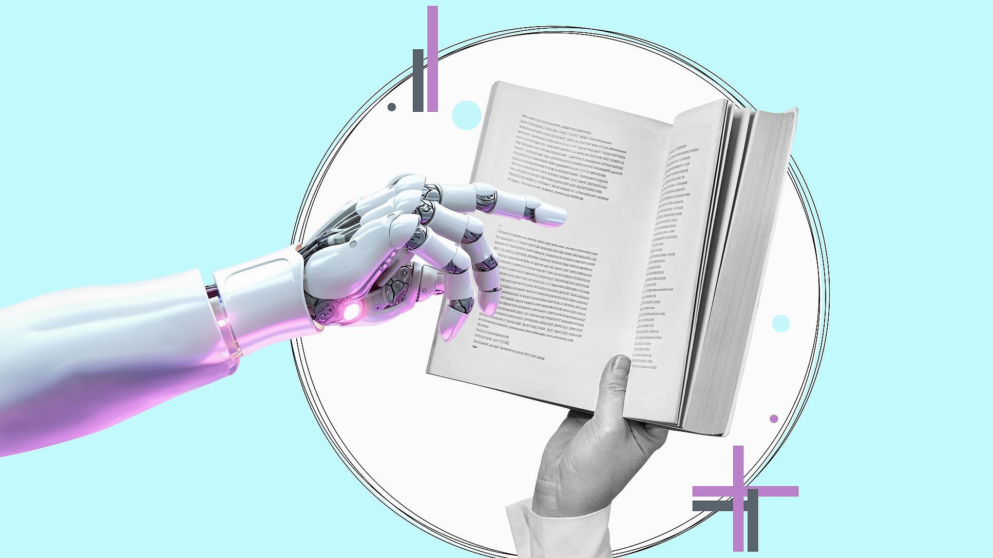 A book held by a robot’s hand and a human hand.