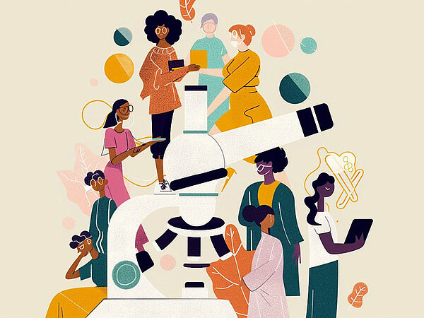 Illustration einer vielfältigen Gruppe von Menschen aus Medizin und Forschung rund um ein großes Mikroskop. Zu sehen sind unter anderem Personen mit Tablet, Laptop und medizinischen Unterlagen sowie grafische Elemente wie Zellen und Laborgeräte.