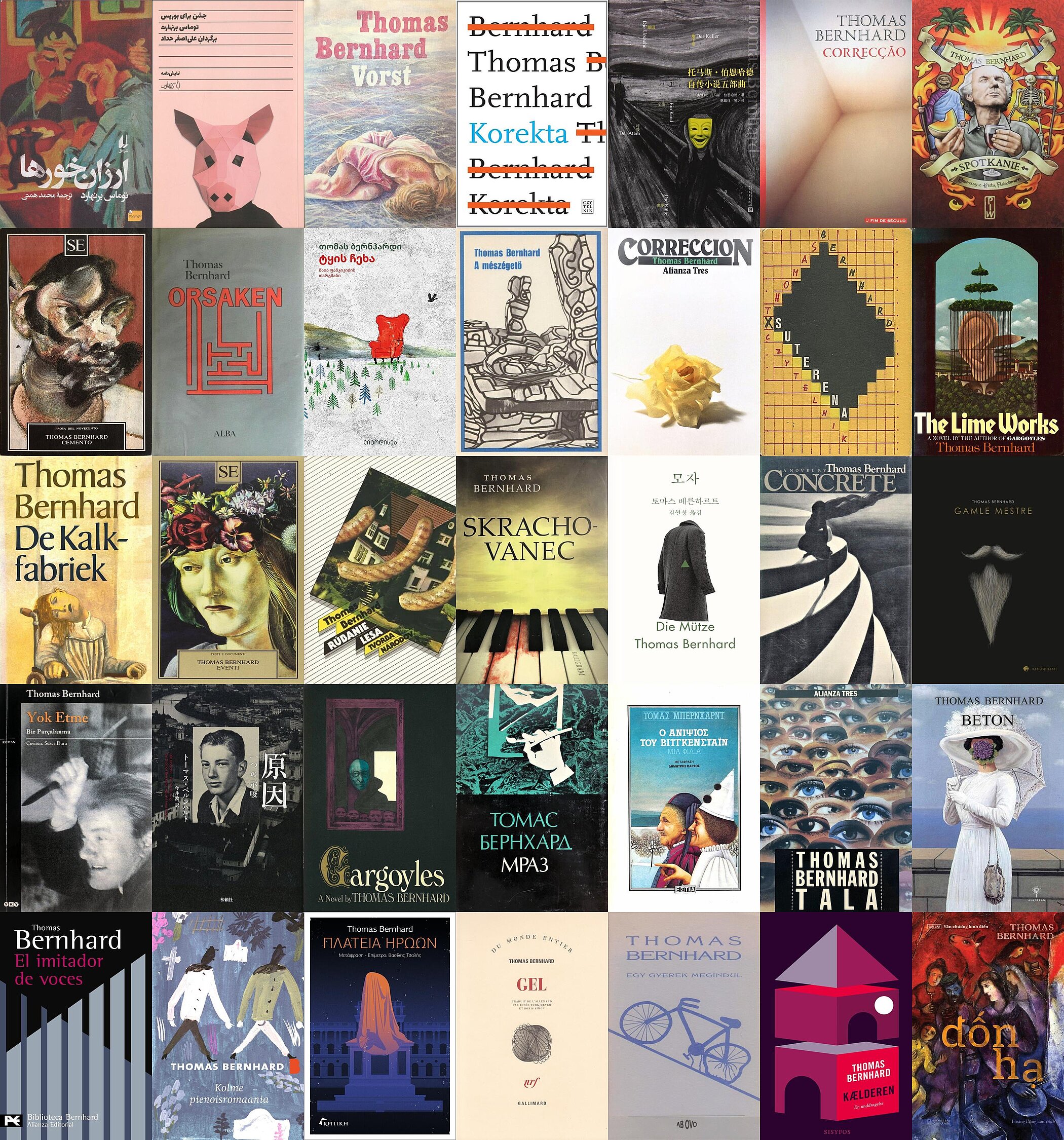 35 Buchcover von übersetzten Werken Thomas Bernhards. Es sind alle möglichen Sprachen vertreten, wie zum Beispiel arabisch, englisch, oder niederländisch. Die künstlerische Gestaltung der Buchcover ist sehr divers, manche sind völlig abstrakt, andere illustriert oder mir Fotos versehen. Motive sind zum Beispiel eine Person mit Schweinekopf, ein Fahrrad oder eine gelbe Rose.