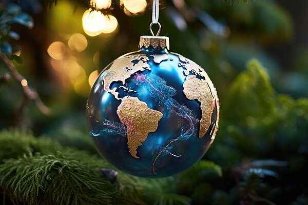 The picture shows a Christmas tree ornament shaped like the globe; it is blue, and the continents are depicted in gold.