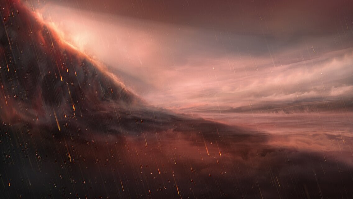 An artist's rendering depicts the stormy, reddish-dark night side of the exoplanet WASP-76b. Thick bands of clouds are visible in the sky, while glowing streaks rain down like a shower of molten iron.