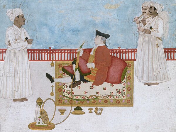  William Fullerton of Rosemount, EIC surgeon in Patna and mayor of Calcutta, receiving a visitor, attended by servants with fly-whisks, 1764. Victoria and Albert Museum, London