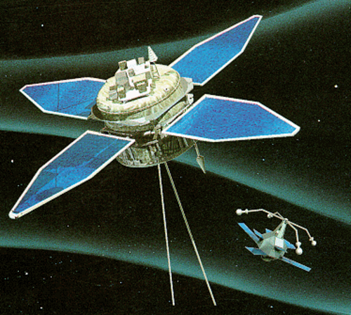 A large, cylindrical satellite with four outstretched blue solar panel wings hovers in the dark expanse of space. Diagonally below it flies a much smaller, spider-like companion satellite with long measuring antennas.