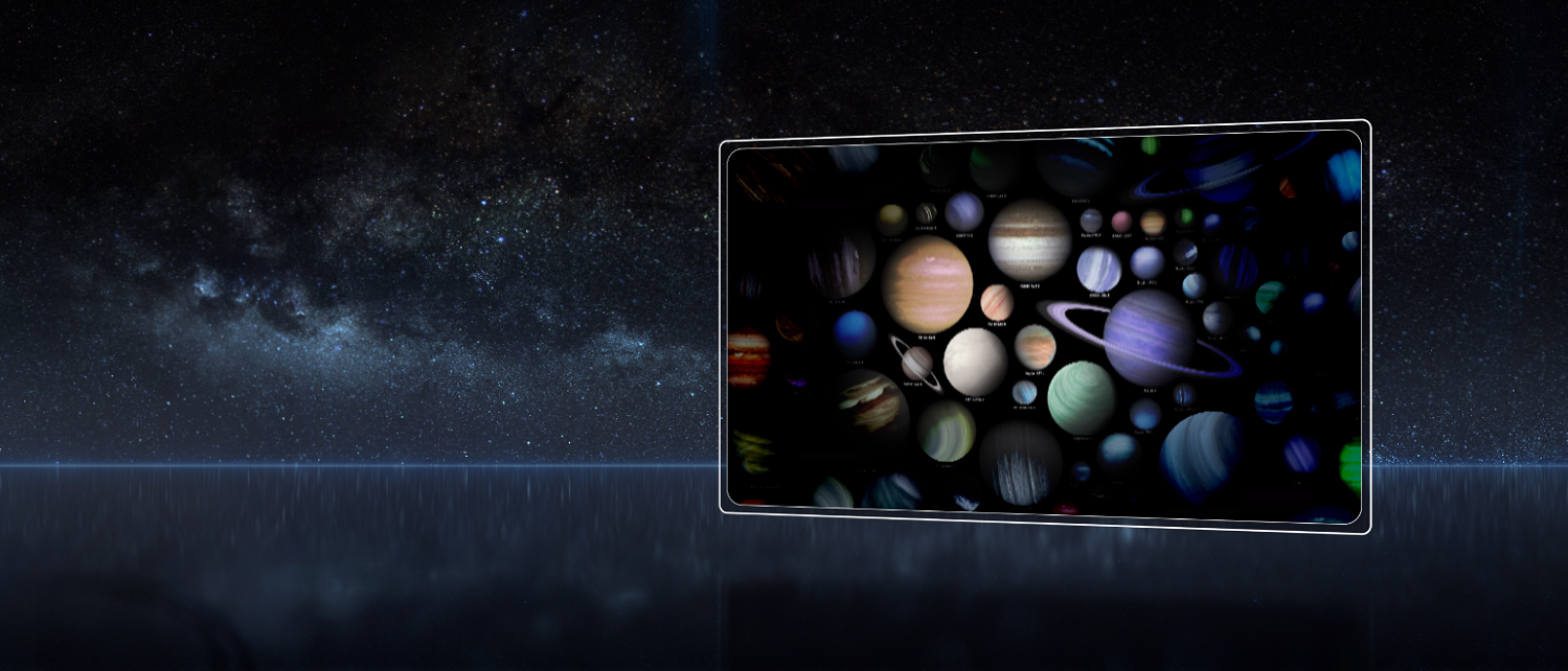 A screen floating in space displays a colorful collage of numerous different exoplanets against a deep black background. On the left side of the image, the soft glow of the Milky Way stretches across the star-studded cosmos.