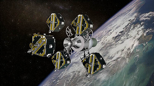 Artist's rendering of NASA's THEMIS mission: Five small, cube-shaped satellites separate from their central launch vehicle in space, with the globe visible in the background.