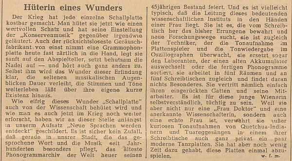 Das Bild zeigt einen Zeitungsartikel, in dem die Arbeit der kommissarischen Leiterin des Phono-grammarchivs beschrieben wird.