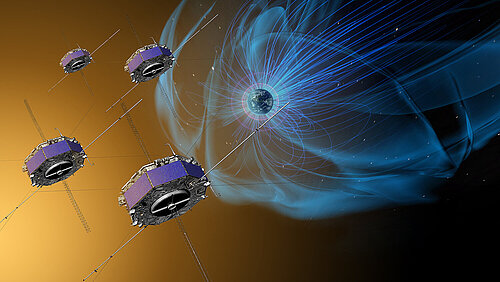 Artist concept of the Magnetospheric Multiscale, or MMS, mission to study how magnetic fields release energy in a process known as magnetic reconnection.