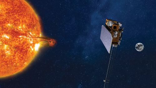 An artist rendering of NOAA's SOLAR-1 satellite in its final position in space orbit next to an image of the sun producing a coronal mass ejection. Earth is seen 1 million miles away in the far distance on the right of the image.