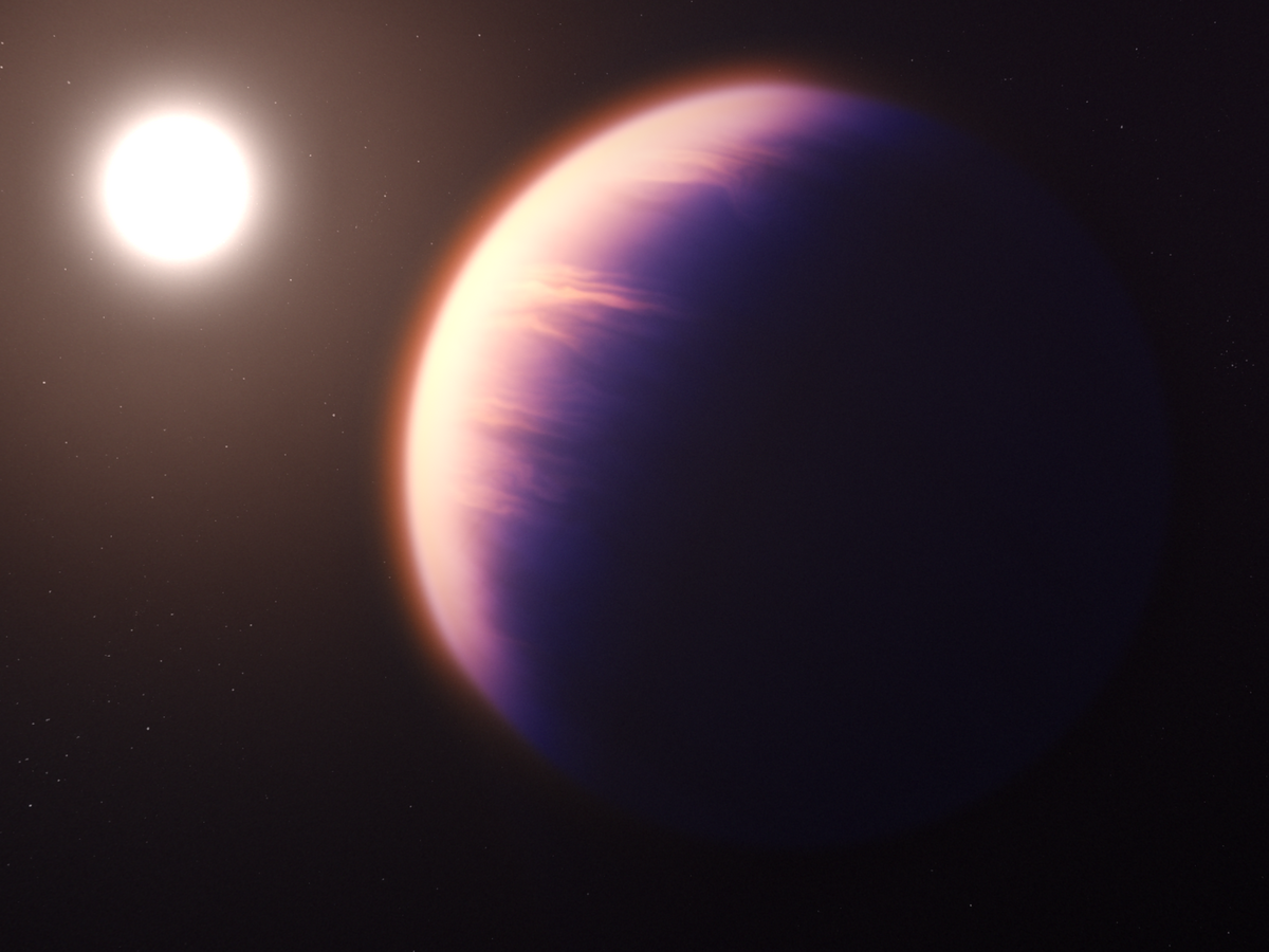 Illustration des Exoplaneten WASP-39 b mit seinem Stern