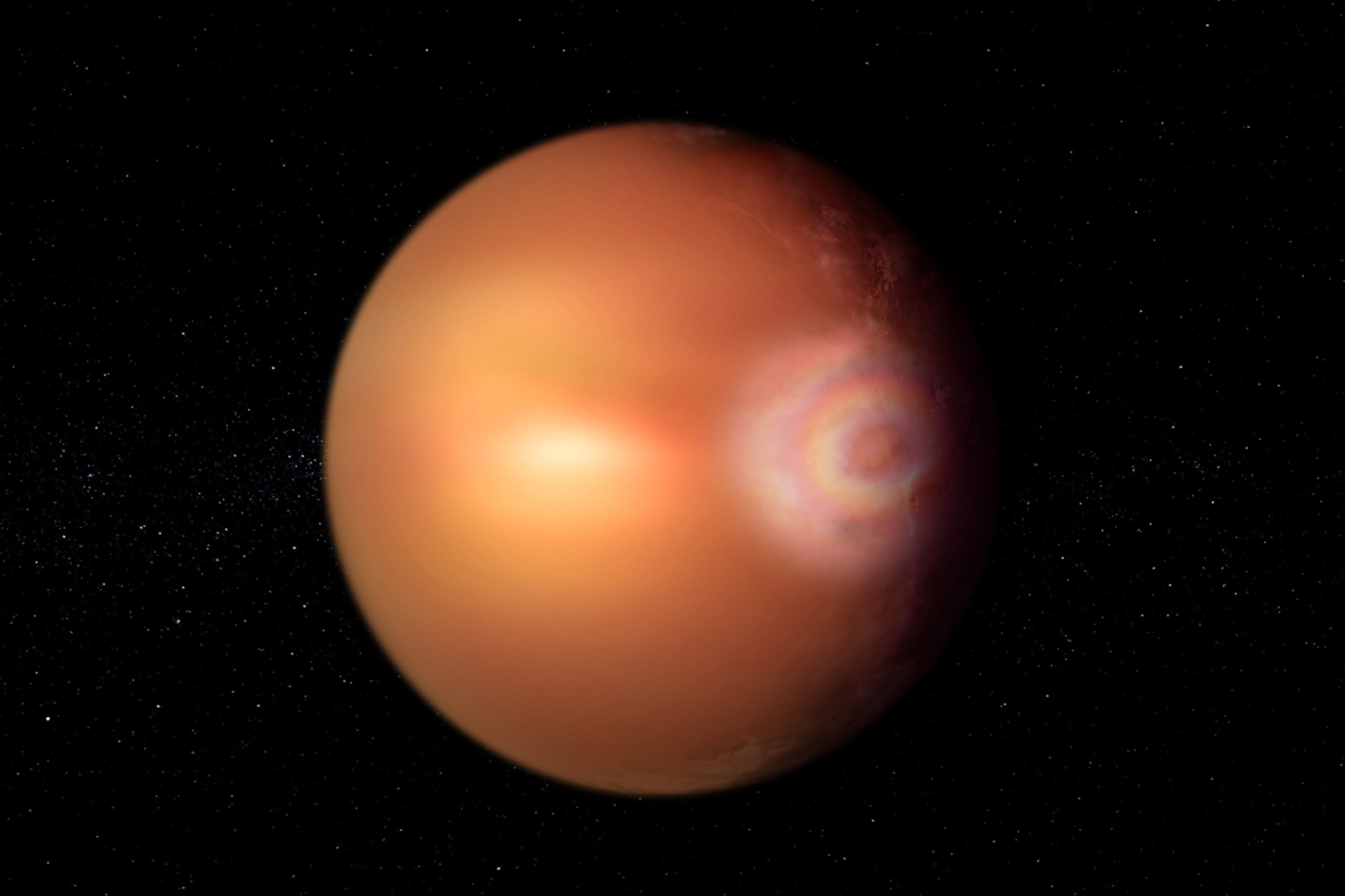 Künstlerische Darstellung des „Glory“-Effekts auf dem Exoplaneten WASP-76b. Wir sehen einen orangefarbenen Planeten und rechts, in Richtung drei Uhr, mehrere bunte, konzentrische Lichtringe.