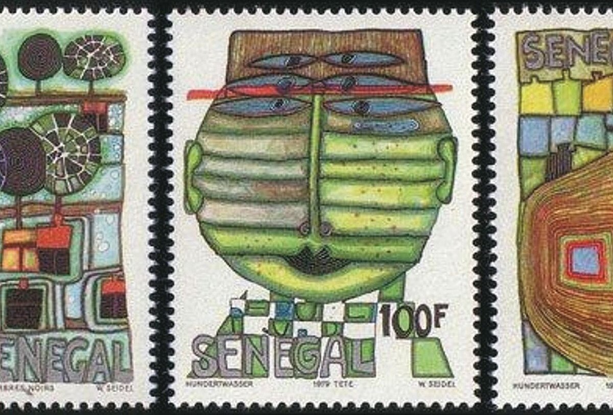 Briefmarken mit Senegal-Motiven entworfen von F. Hundertwasser.