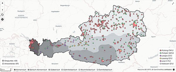 Österreichkarte mit kleinen Tortendiagrammen an verschiedenen Orten