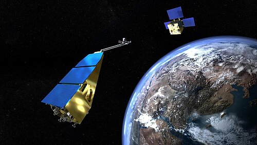 Artist's rendering of the two-satellite GRACE-Follow-On mission in space. A wedge-shaped and a cube-shaped spacecraft fly in tandem in Earth orbit and measure each other using a laser boom.