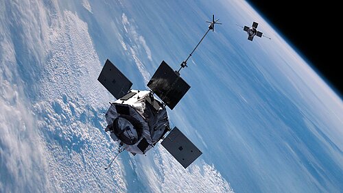 The image shows a probe, flying over earth.