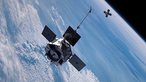 The image shows a probe, flying over earth.
