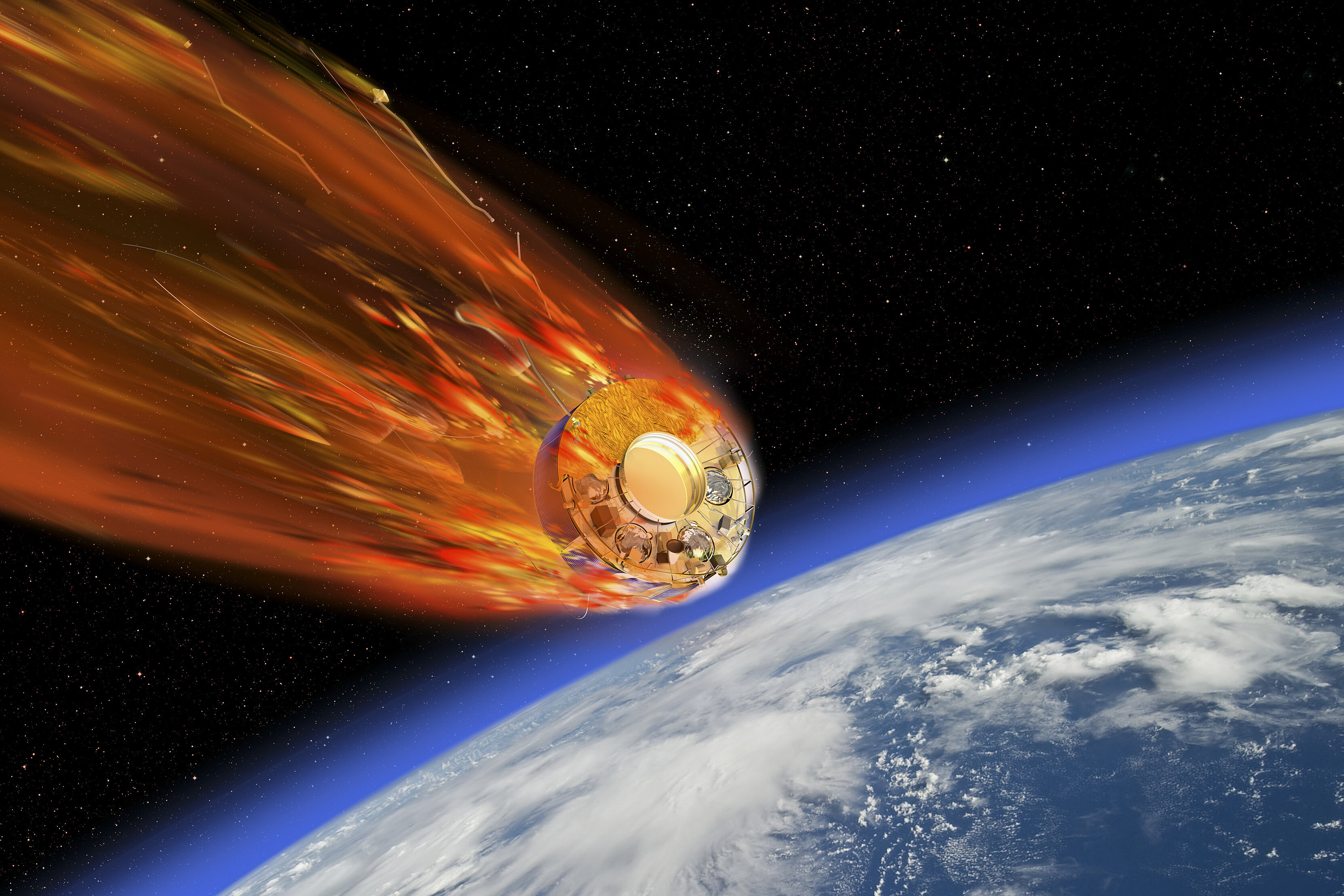 Ein Satellit, der beim Eintritt in die Erdatmosphäre verglüht. Teile des Satelliten brechen ab