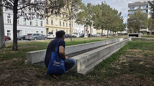 Man is sitting in Front of a Memorial Installation in a green field
