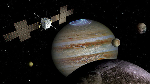 Artist’s impression of the upcoming Jupiter Icy Moons Explorer mission in orbit around Jupiter.