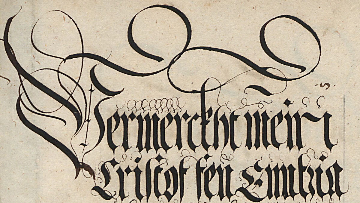 Auf der Seite ist altmodische Schrift mit Verzierungen, insbesondere der Anfangsbuchstabe ist mit geschwungenen Linien hervorgehoben.