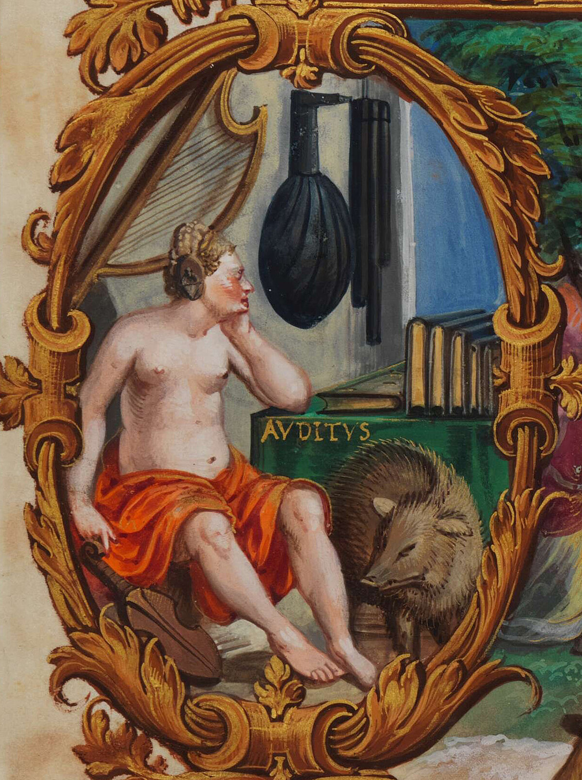 Link to a digitization of Orlando di Lassos 4 Sacred Songs. The image shows a painting of a topless woman in front of a window, surrounded by instruments such as a harp and a lute. A wild boar is at her feet.