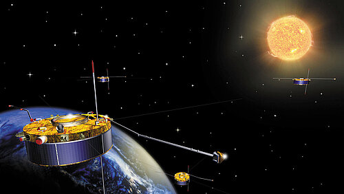 Artist's rendering of the four Cluster II satellites in a pyramid-shaped formation above the partially illuminated globe in space. A bright yellow sun shines in the upper right corner.