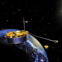 Artist's rendering of the four Cluster II satellites in a pyramid-shaped formation above the partially illuminated globe in space. A bright yellow sun shines in the upper right corner.