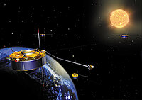 Artist's rendering of the four Cluster II satellites in a pyramid-shaped formation above the partially illuminated globe in space. A bright yellow sun shines in the upper right corner.