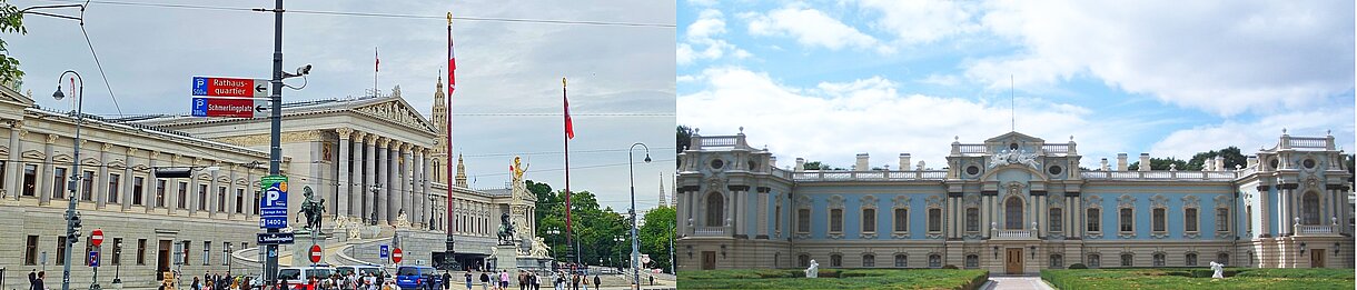 Parlament Wien Austria/ Marienpalast Kyjiw Ukraine Zwei Bilder nebeneinander, das Linke zeigt das Parlamentsgebäude von Österreich in Wien, das Rechte das Marienpalast, offizielle Residenz des Präsidenten der Ukraine in Kyjiw